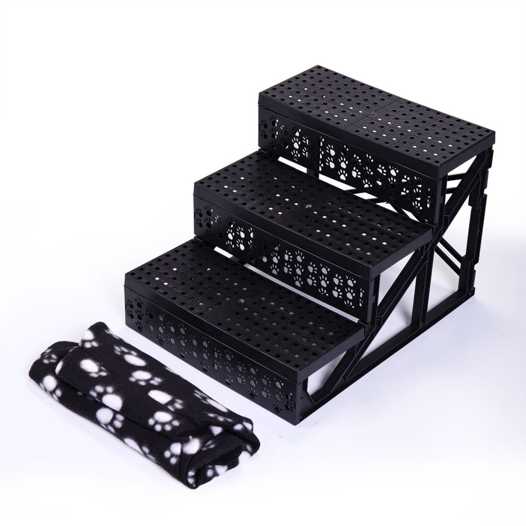 11.7"High 3-Step Dog Stair Ladder w/ Paw Prints Patterns & Suede Fabrics Cover, Black CW12H0275 5