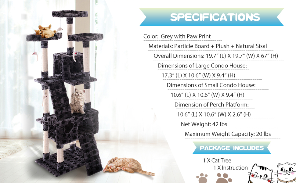 Multi-Level Cat Tree Tower Kitten Condo House with Scratching Posts, Grey with Paw Print DM 20220527165444 005 副本
