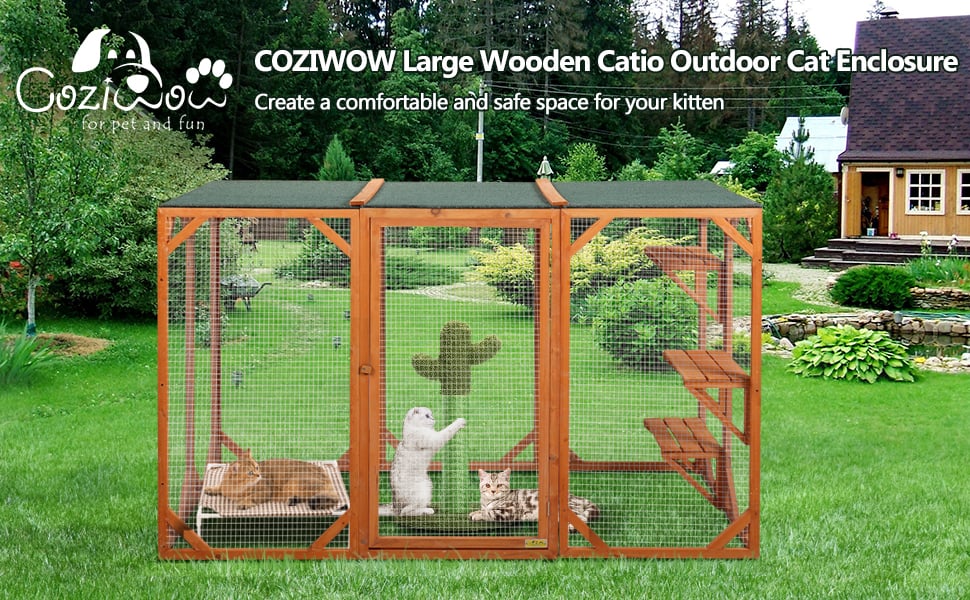 Rustic Wooden Outdoor Cat Pet Enclosure Cage Playpen Kennel with 3 Platforms DM 20220530134431 001