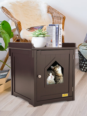 Cat House Hidden Litter Box Furniture w/ Apron Top, Cat Home Nightstand w/ Cat Hole DM 20220531153825 001