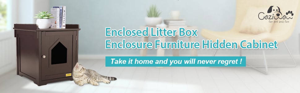 Cat House Hidden Litter Box Furniture w/ Apron Top, Cat Home Nightstand w/ Cat Hole DM 20220531153839 001