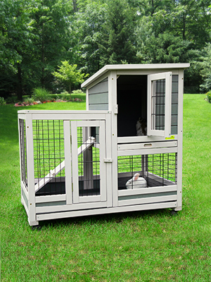 Wooden Rabbit Hutch Small Animal Outdoor Pen with 4 Casters, Cleaning Trays and Run