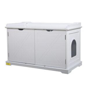 Cat Washroom Storage Bench Enclosed Litter Box Hidden Cabinet Nightstand Table, White CW12H0329 3