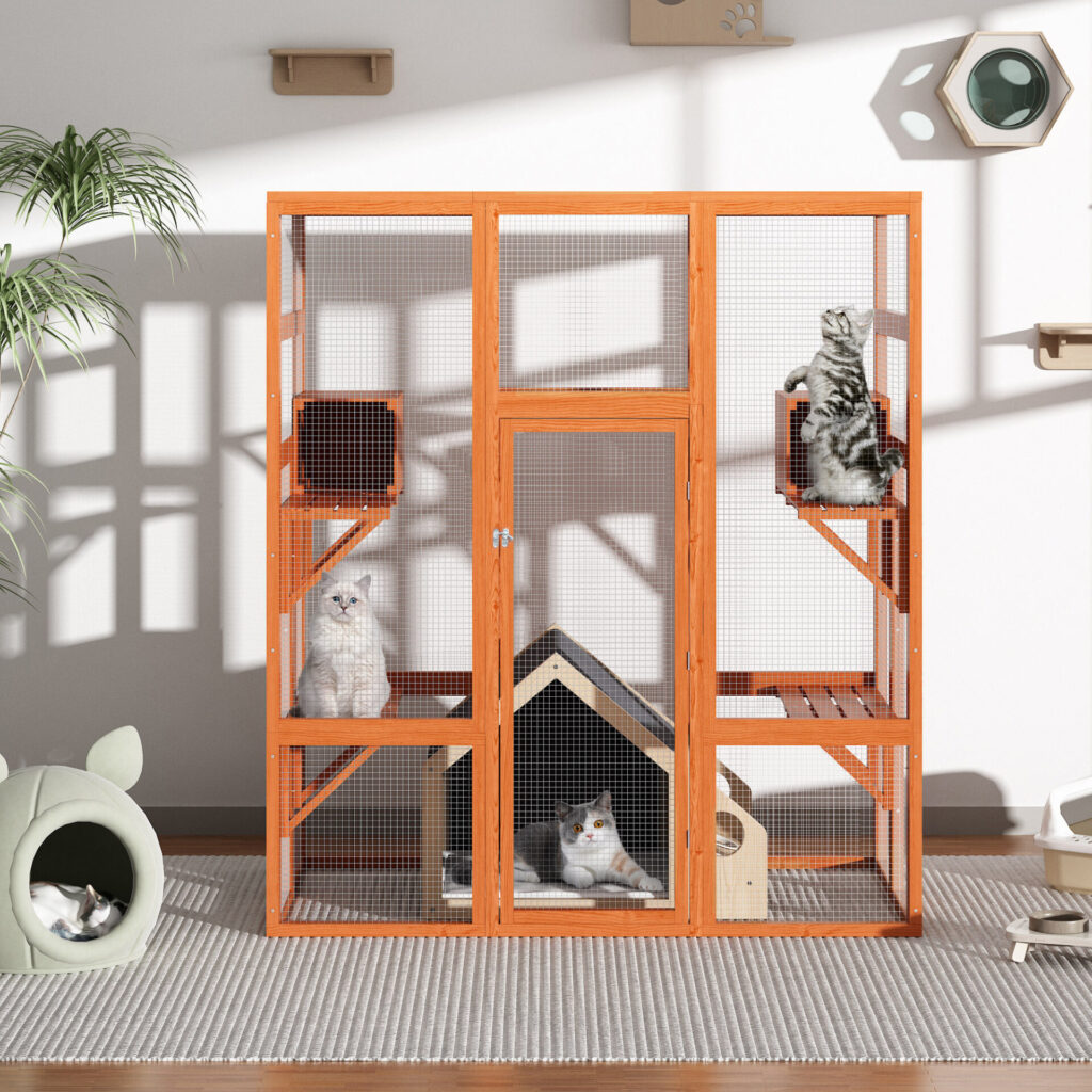 70"H Extra Large Wood Cat Enclosure| Walk-in Cat Playpen With Jumping Platforms, for 4 Cats, Orange CW12G0526CW12T0499zt Linsey2000x20001