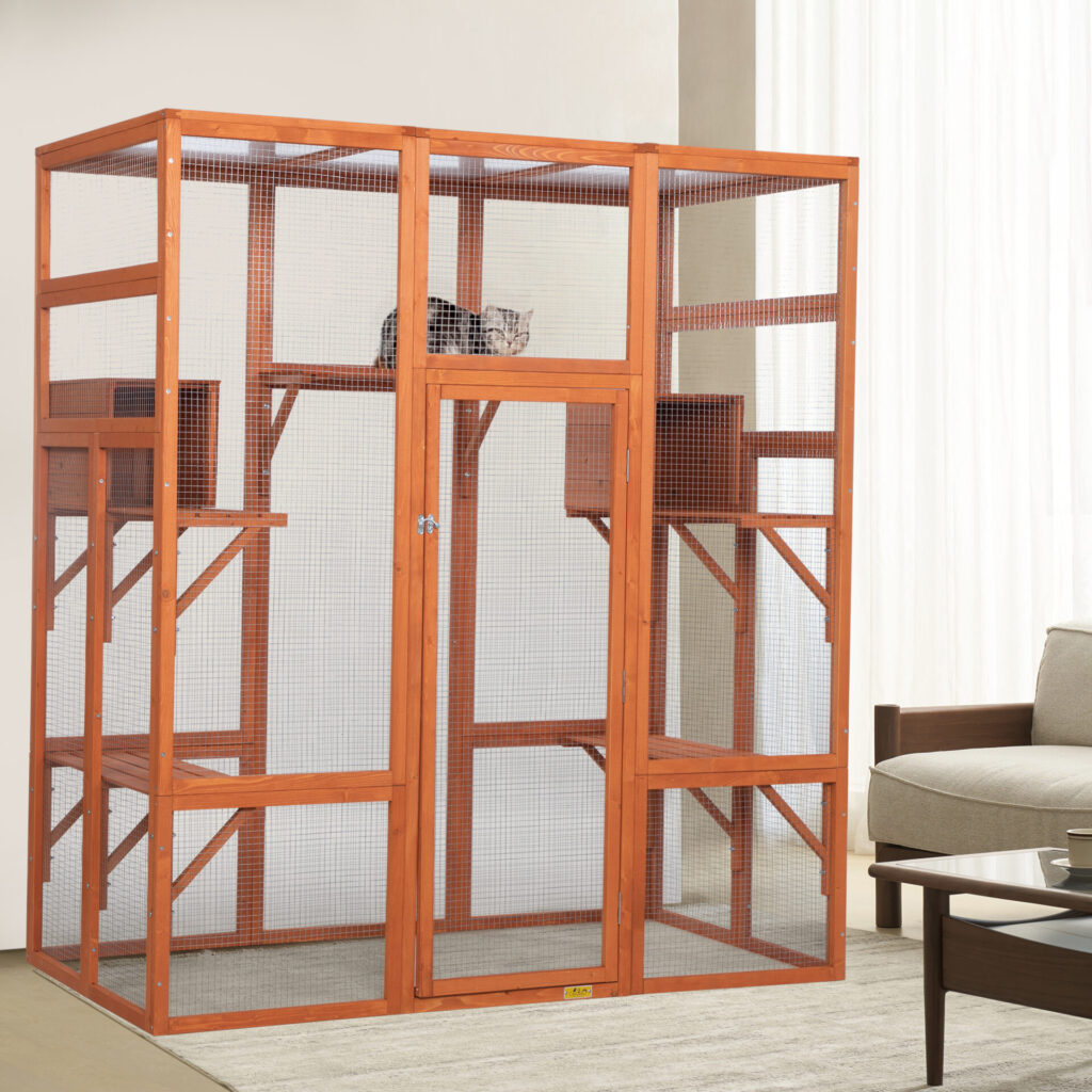 70"H Extra Large Wood Cat Enclosure| Walk-in Cat Playpen With Jumping Platforms, for 4 Cats, Orange CW12T0499 cj2