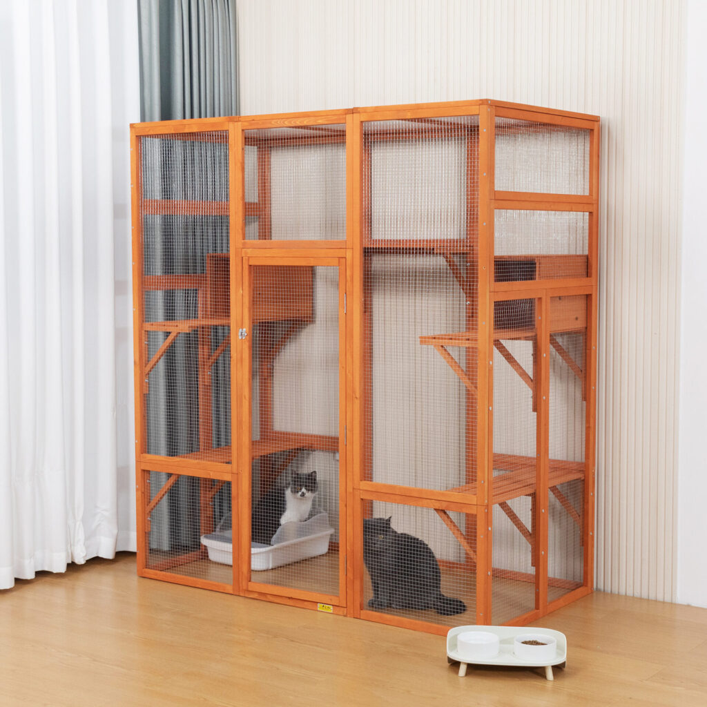 70"H Extra Large Wood Cat Enclosure| Walk-in Cat Playpen With Jumping Platforms, for 4 Cats, Orange CW12T0499 sp2