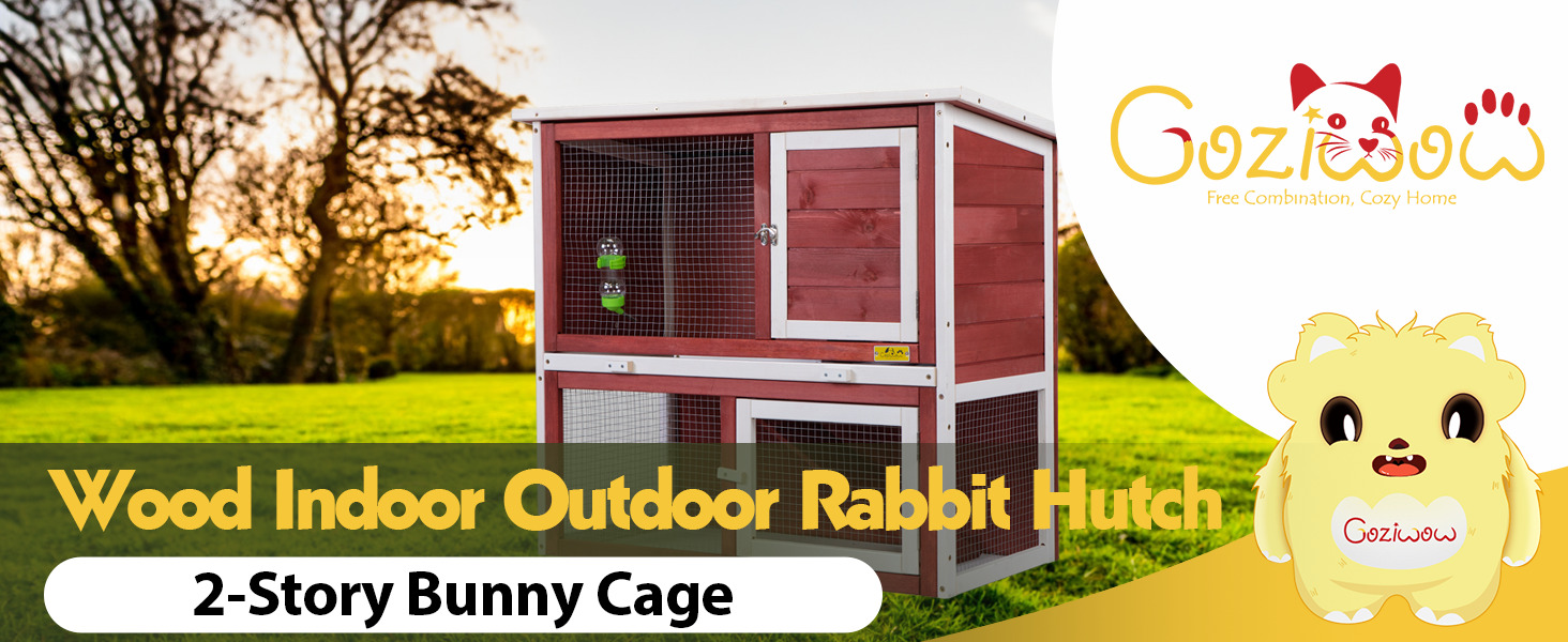 35″L 2-Tier Wood Waterproof Rabbit Hutch, Guinea Pig Cage, Indoor/Outdoor, For 1-2 Small Animals, Red 1 4