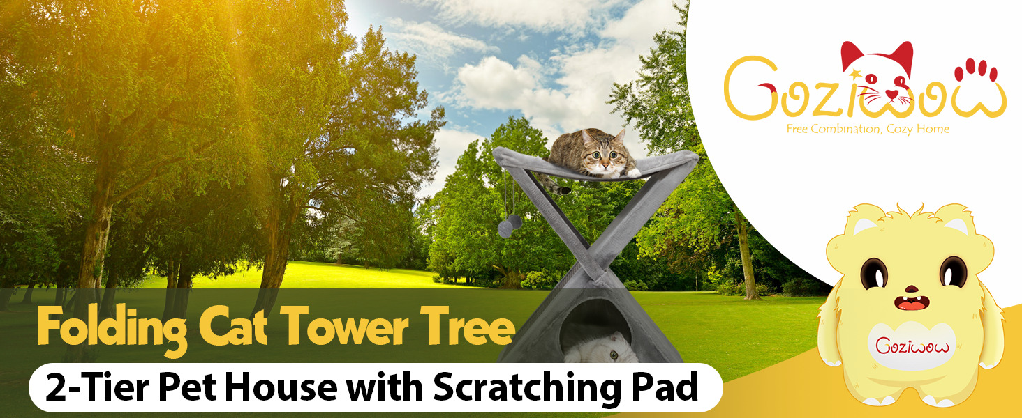 26"H X-Frame Foldable Cat Tower Tree Climber with Bed, Gray 1 7