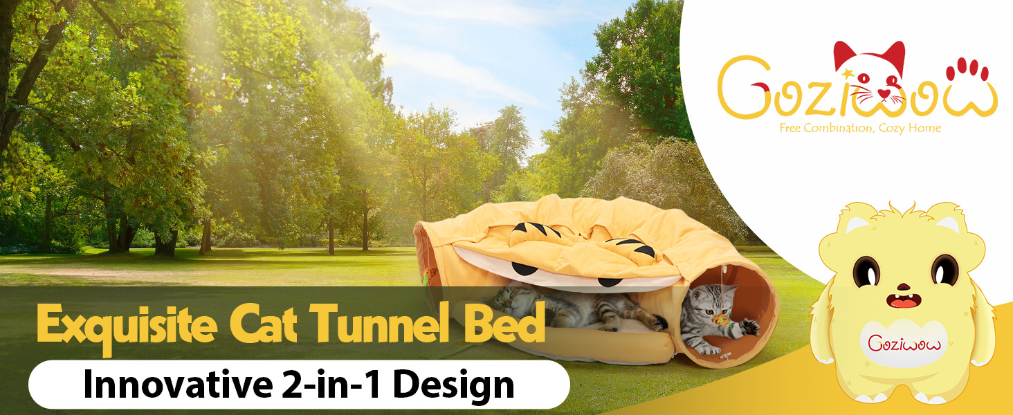 Cat Tunnel Bed Hide Tunnel for Indoor Cats with Hanging Scratching Balls, Yellow 1 8