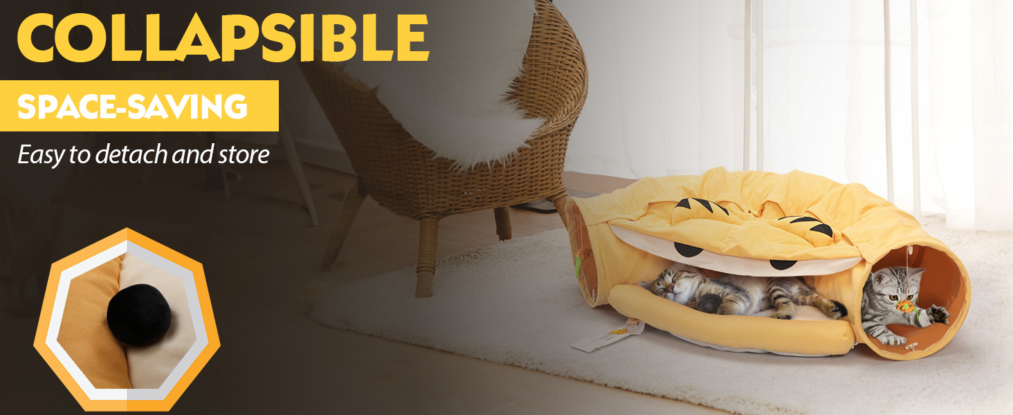 Cat Tunnel Bed Hide Tunnel for Indoor Cats with Hanging Scratching Balls, Yellow 5 7 Cat Tunnel