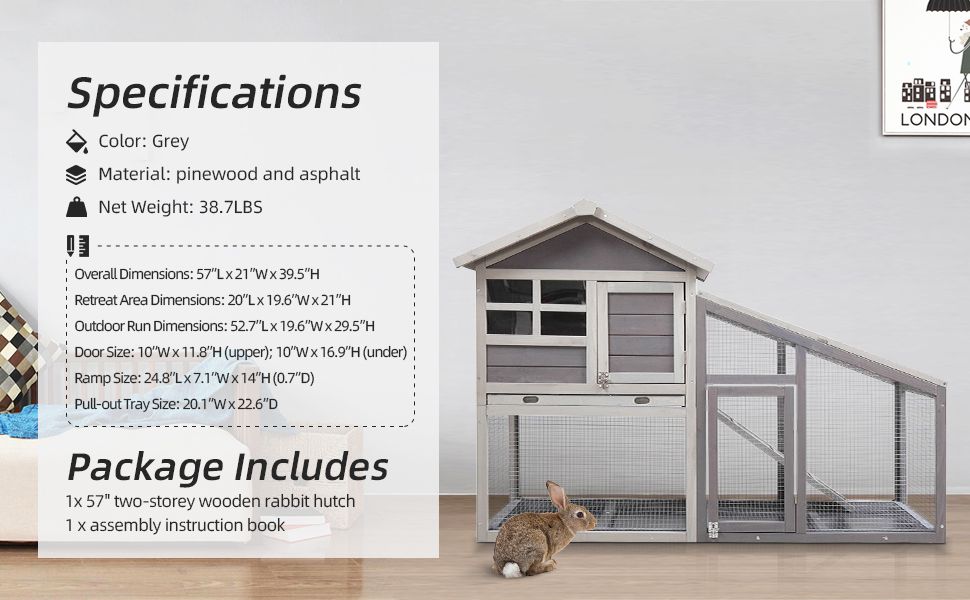 Coziwow 57"L Wooden 2-Story Rabbit Hutch Chicken Coop W/Waterproof Roof and Removable PVC Tray, Gray 65e95935 9ec9 4346 9817 050b95c5c1e6. CR00970600 PT0 SX970 V1 1 rabbit hutch