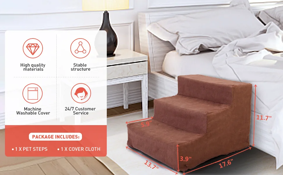 Coziwow Luxury 3-Step Pet Dog Stair Climber with Sturdy Frame, Washable Removable Slipcover, Brown 6b0854ab 8df5 4a35 801f c53404950e97. CR00970600 PT0 SX970 V1