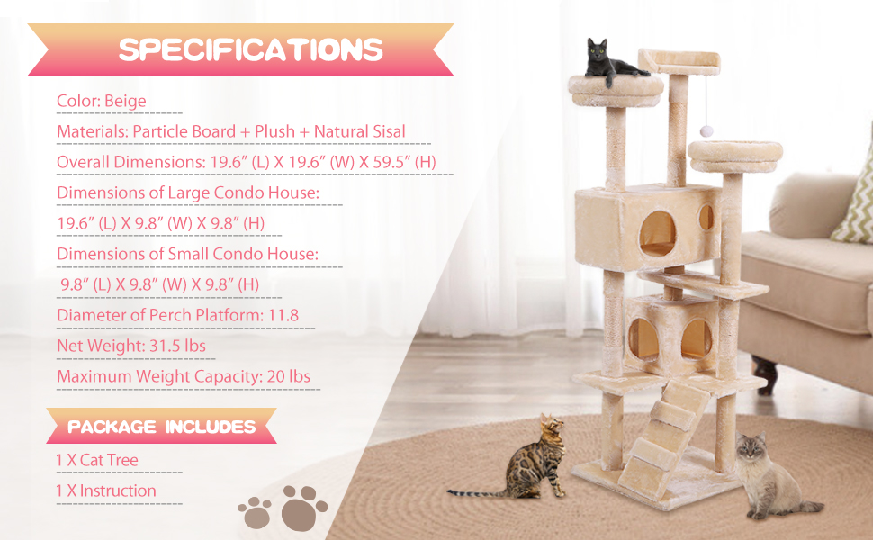 Coziwow 60" Cat Condo Tree Tower Playground Cage Kitten Activity Center Play House, Beige 9880f6a7 688b 44f3 aaeb a9ff9c01dbd9. CR00970600 PT0 SX970 V1