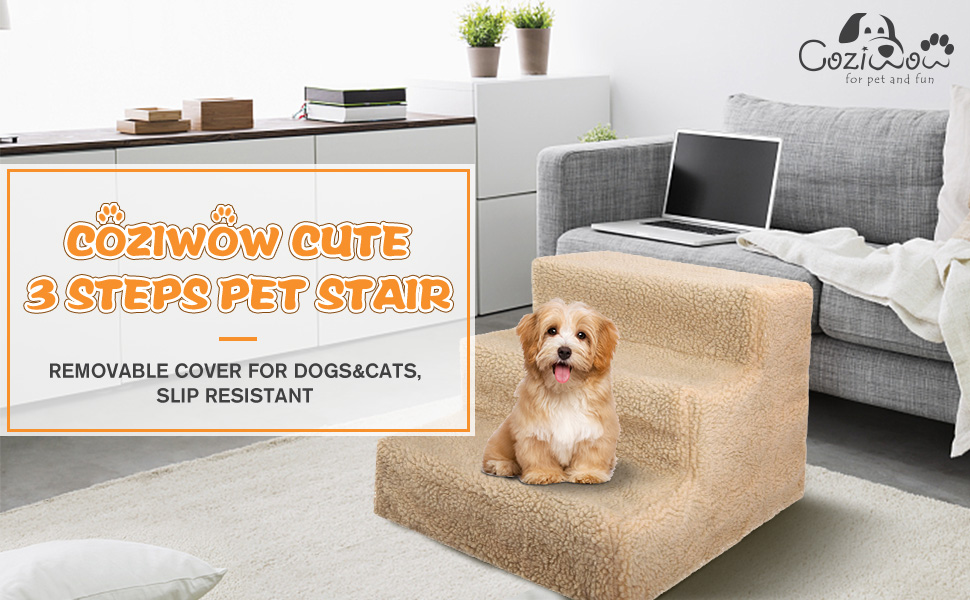Coziwow 3-Step Indoor and Outdoor Pet Dog Stair Helper with Removable Non-Slip Slipcover, Easy to Assemble, Beige CW12A0162 970X6001