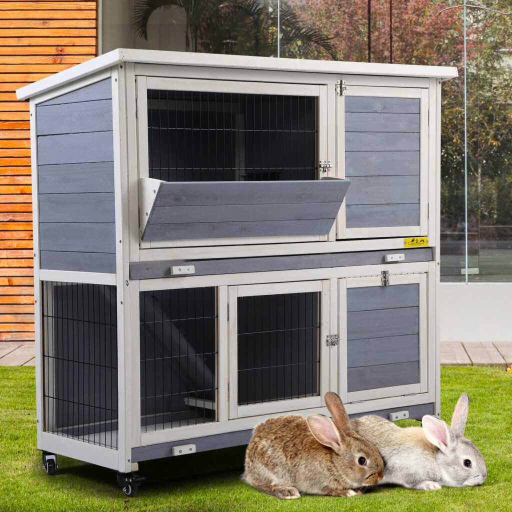 Coziwow Wood 2-Tier Large Rabbit Hutch Pet Cage Bunny House W/ Waterproof Roof, Rust-Proof Mesh And 4 Wheels, Gray+White CW12A0414 cj6