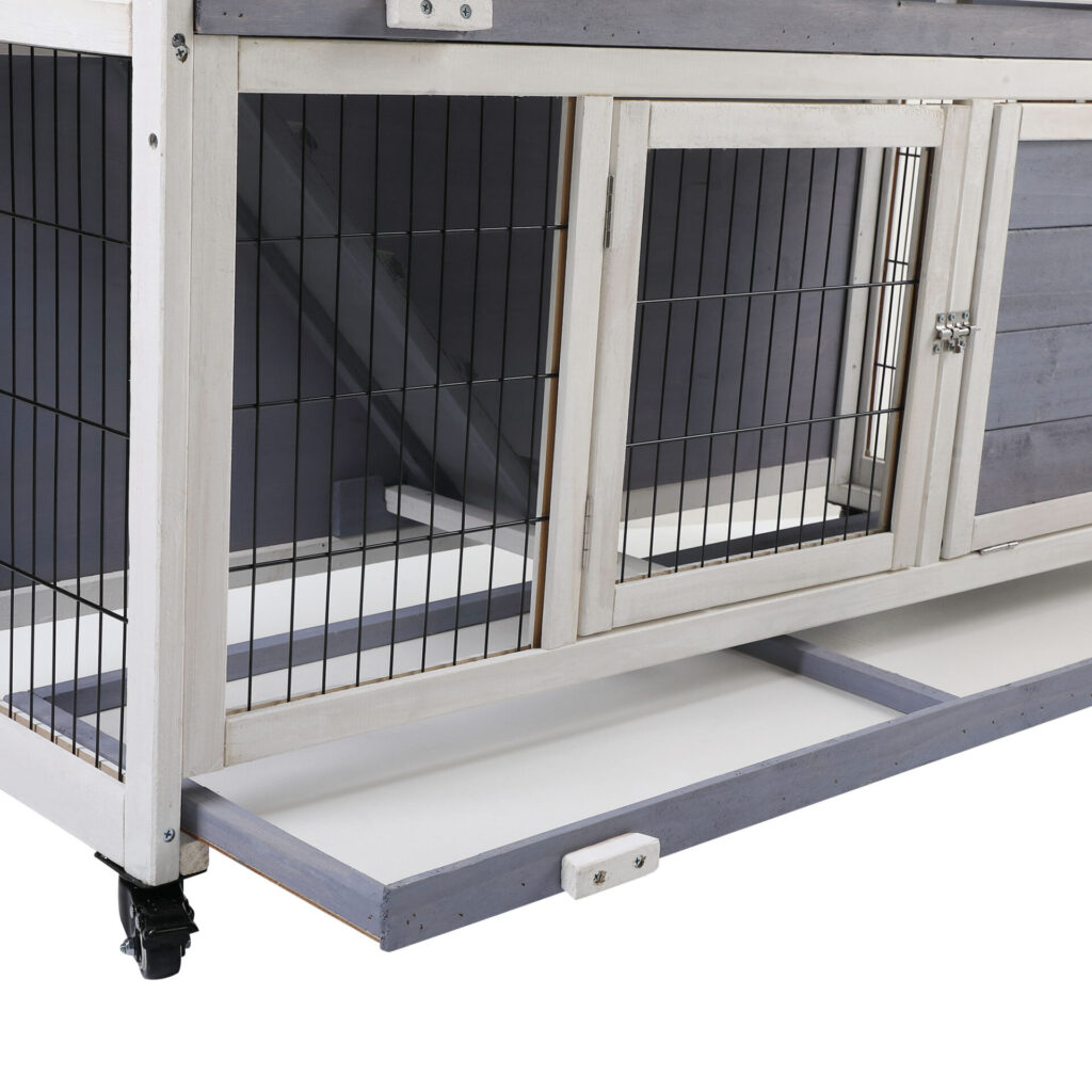 Coziwow Wood 2-Tier Large Rabbit Hutch Pet Cage Bunny House W/ Waterproof Roof, Rust-Proof Mesh And 4 Wheels, Gray+White CW12A0414 xj8