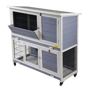 Wood 2-Tier Rabbit Hutch Pet Cage Bunny House with Flip-up Roof, Gray White CW12A04143 Rabbit Hutch