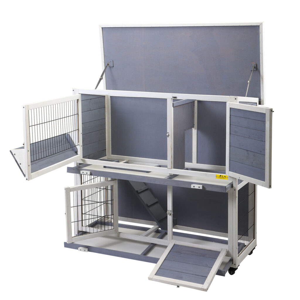 Coziwow Wood 2-Tier Large Rabbit Hutch Pet Cage Bunny House W/ Waterproof Roof, Rust-Proof Mesh And 4 Wheels, Gray+White CW12A04147 2