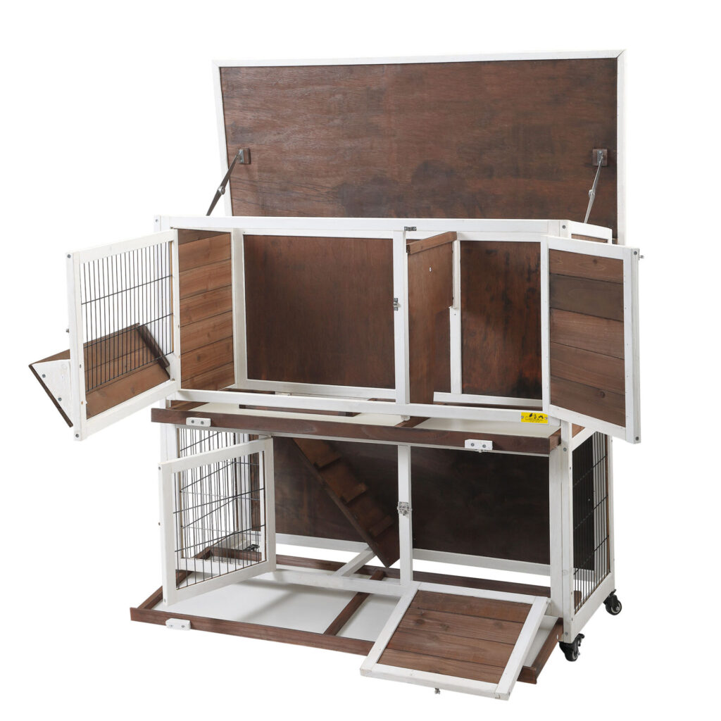 Coziwow Wood 2-Tier Large Rabbit Hutch Pet Cage Bunny House W/ Waterproof Roof, Rust-Proof Mesh and 4 Wheels, Brown+White CW12B04157 1