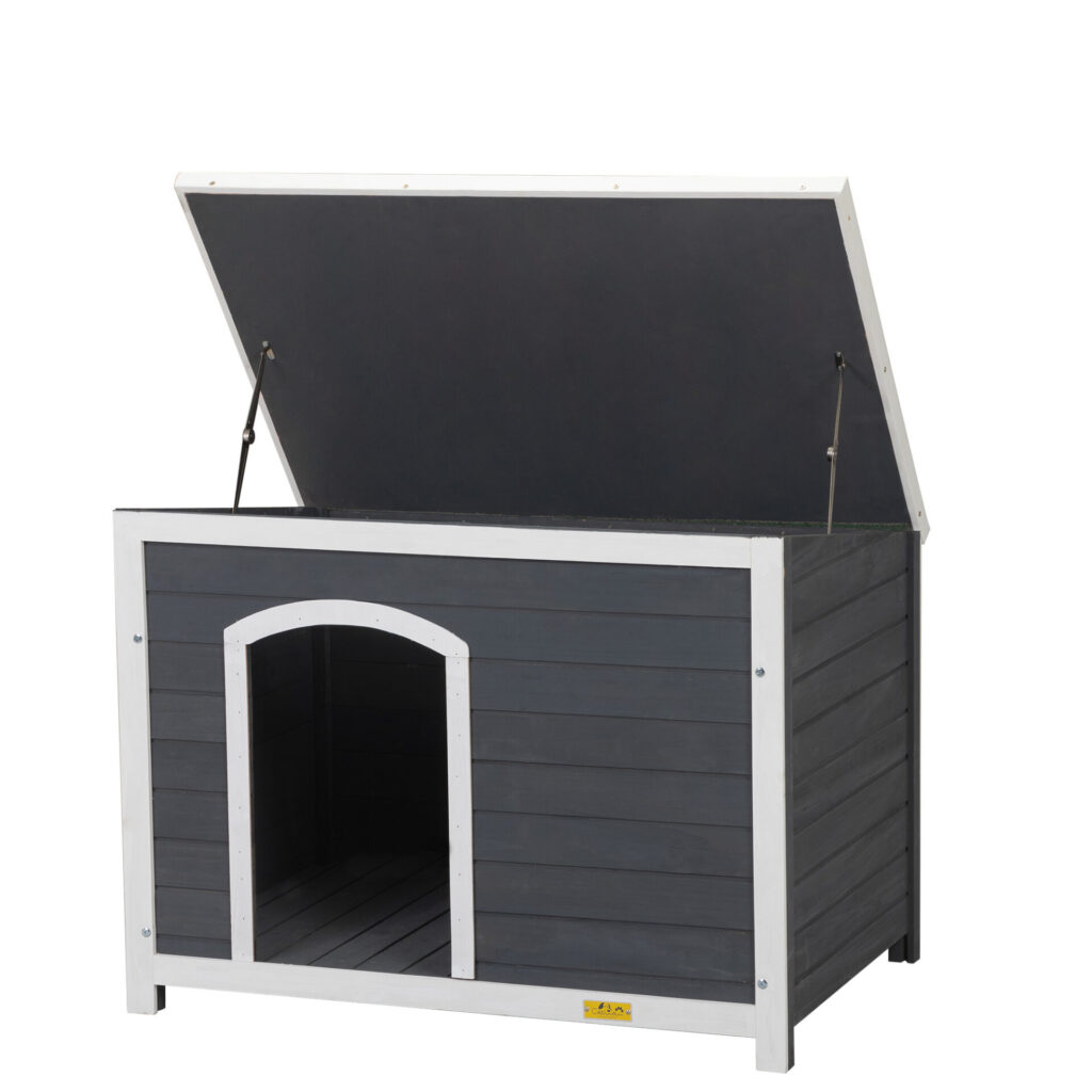 Coziwow Sturdy Wooden Dog House with Openable Asphalt Roof, for Various Dogs, Gray and White CW12E0416 10