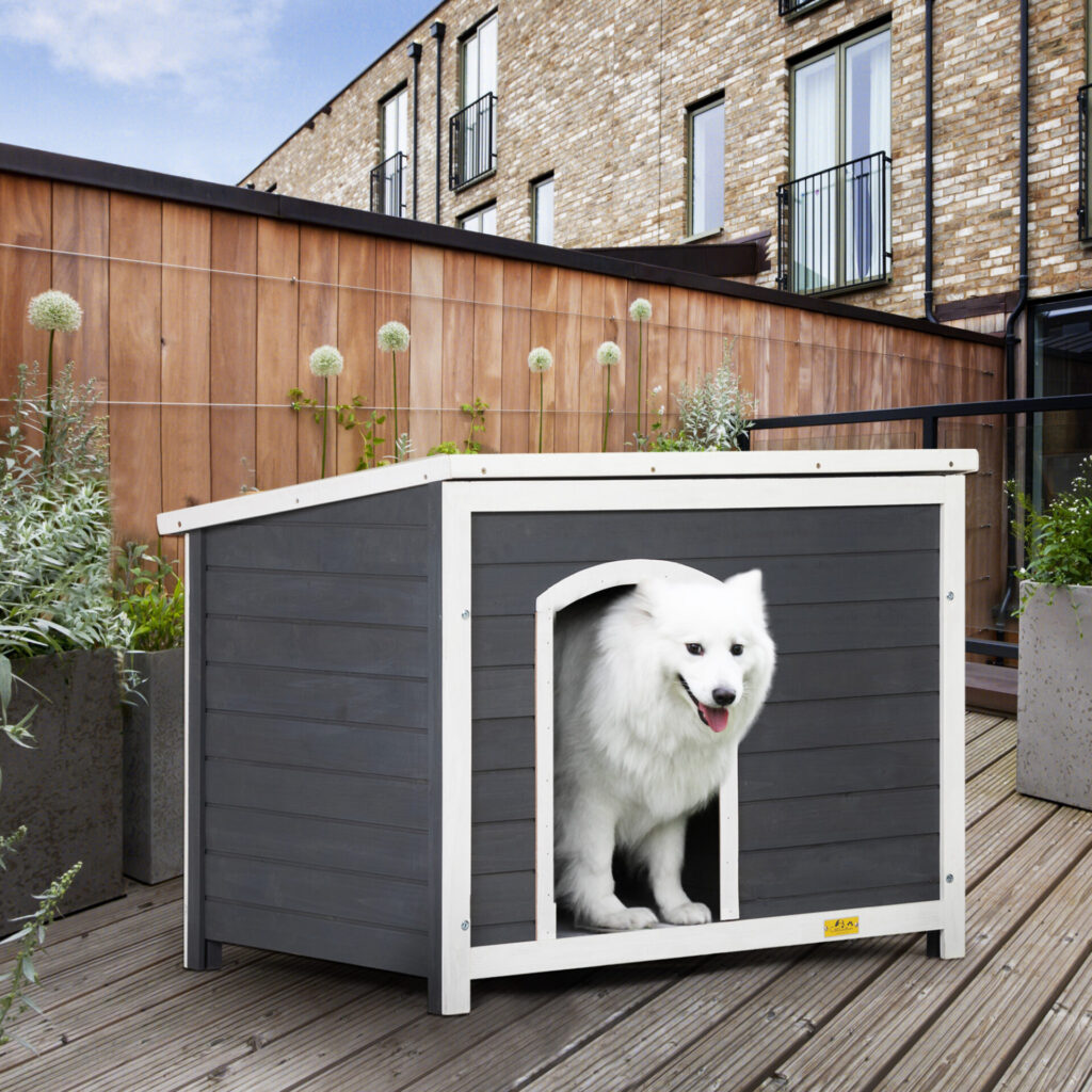 Coziwow Sturdy Wooden Dog House with Detachable Tarpaulin and Openable Asphalt Roof, for Various Dogs, Gray and White CW12E0416 cj 2