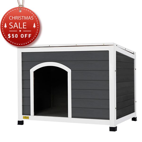 Coziwow Sturdy Wooden Dog House with Detachable Tarpaulin and Openable Asphalt Roof, for Various Dogs, Gray and White CW12E0416
