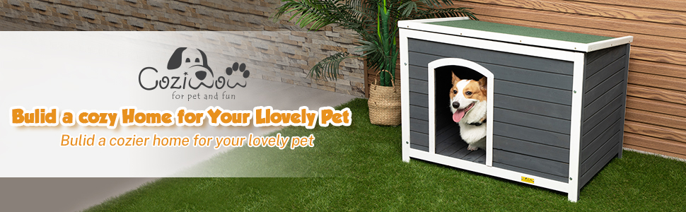 Coziwow Sturdy Wooden Dog House with Openable Asphalt Roof, for Various Dogs, Gray and White CW12E0416A970X3001