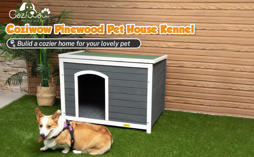 Coziwow Sturdy Wooden Dog House with Openable Asphalt Roof, for Various Dogs, Gray and White CW12E0416A970X6001