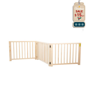 Coziwow 17.5″H Modern Folding Indoor Dog Gate, 3 Panels Pet Fence, For Entryways Or Hallways, Natural Wood CW12F0237 3 Dog Gate