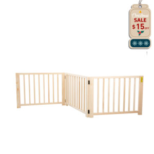 Coziwow 17.5″H Modern Folding Indoor Dog Gate, 3 Panels Pet Fence, For Entryways Or Hallways, Natural Wood CW12F0237 3