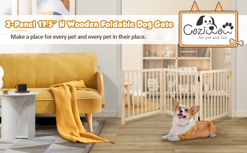 Coziwow 17.5″H Modern Folding Indoor Dog Gate, 3 Panels, Adjustable Freestanding Pet Fence, For Entryways Or Hallways, Pinewood CW12F0237 970X6001