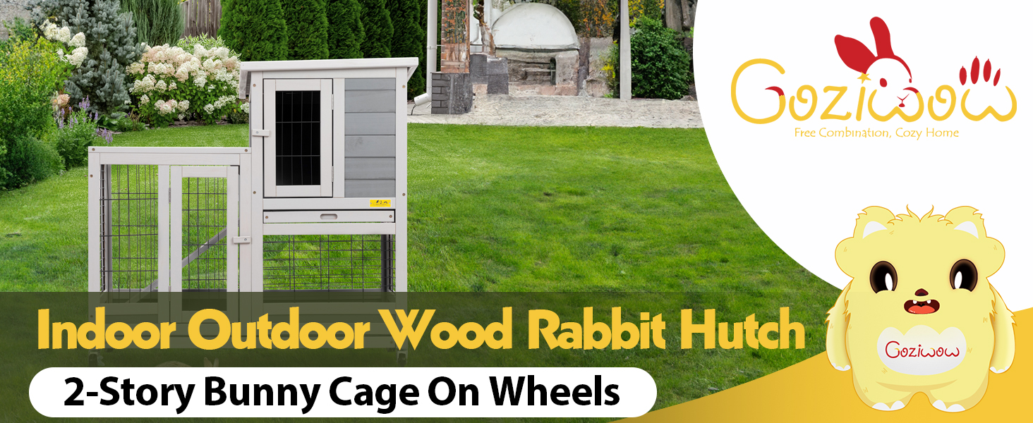 37″L Large Wooden Bunny Hutch with Wheels, for 1-2 Bunnies, Gray CW12F0417