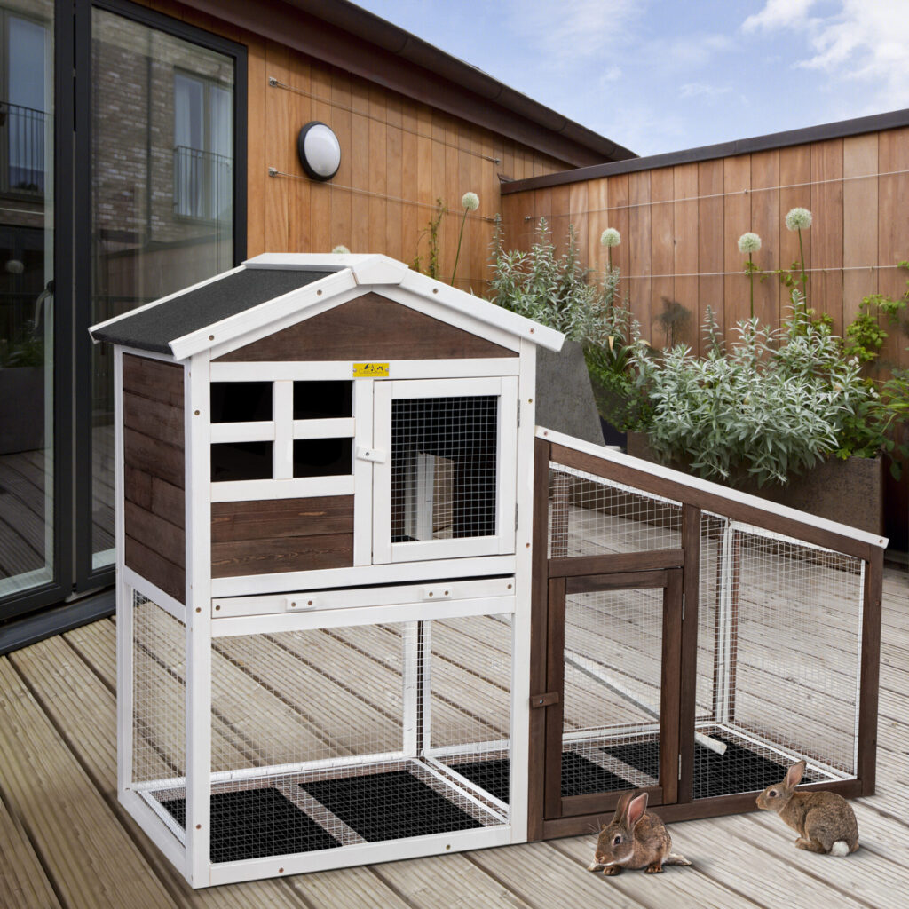 Coziwow 2-Story Wooden Rabbit Hutch, Indoor and Outdoor Bunny Cage Chicken Coop W/ Pull Out Tray, Brown CW12F0489 cj6