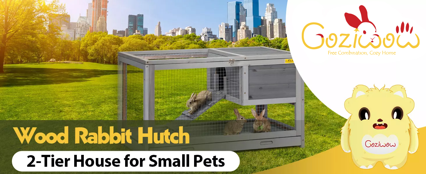 35"L 2-Story Wooden Rabbit Hutch With Pull Out Tray, for 1-2 Bunnies, Gray CW12F0525 Rabbit Supplies