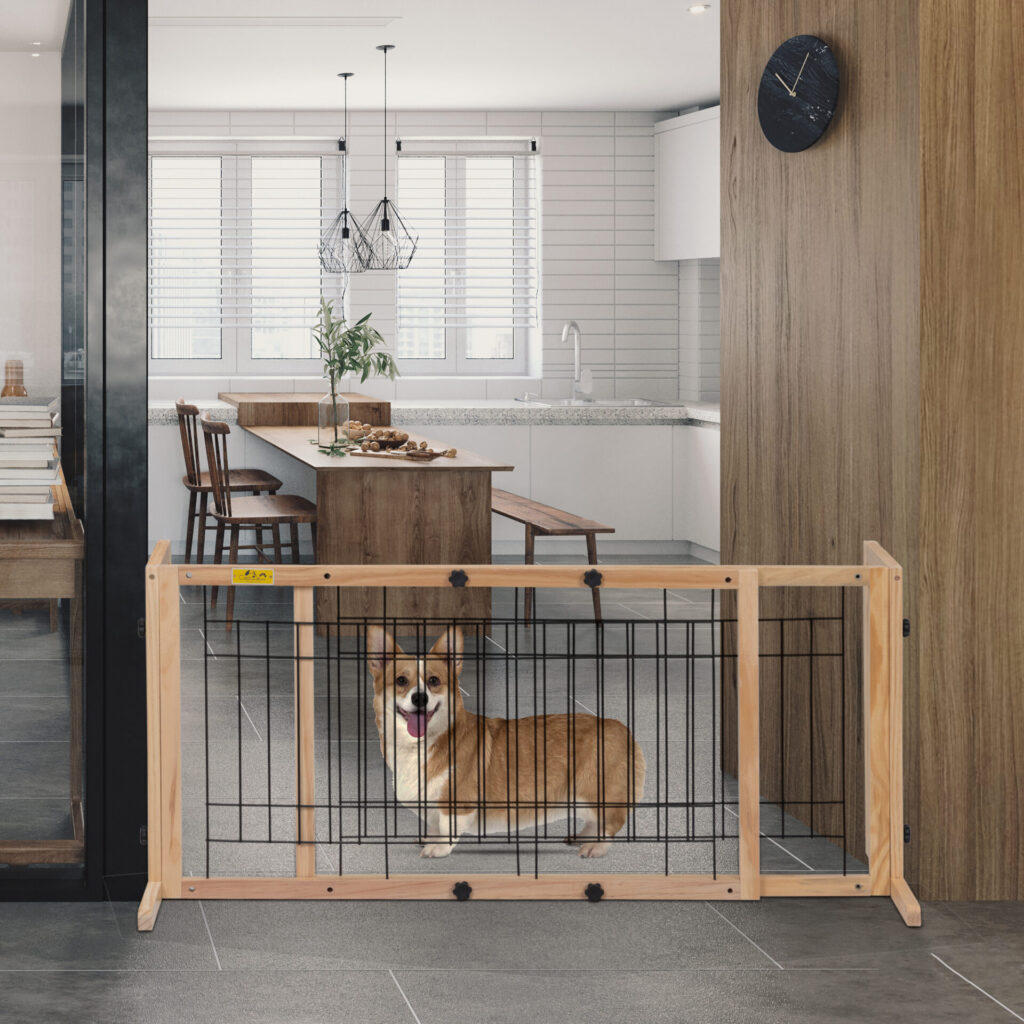 Coziwow Adjustable Freestanding Indoor Dog Gate, Width 38" to 71", Pinewood Safety Dog Fence, Suitable for Small to Medium,Natural Wood CW12G0238 cj4
