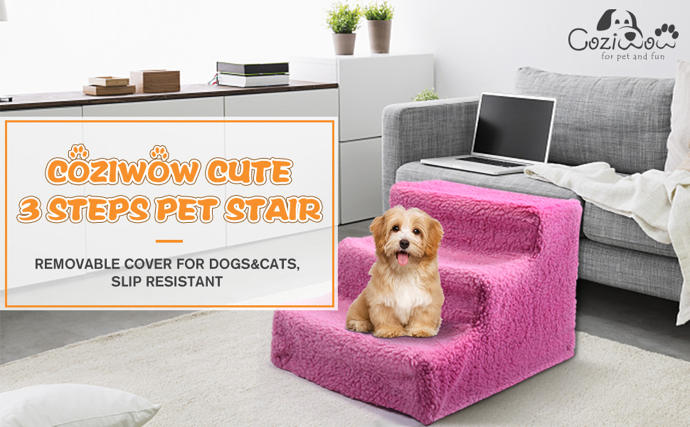 Coziwow 3-Step Light-Weight Dog Stair Climber with Washable Removable Non-Slip Softcover, Thickened Pet Plastic Frame, Dark Pink CW12G0274 970X6001