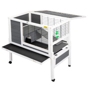 37"L Elevated Wood Rabbit Hutch With 4 Casters, for 1-2 Bunnies, Gray + White CW12G0472 51 1 Rabbit Supplies