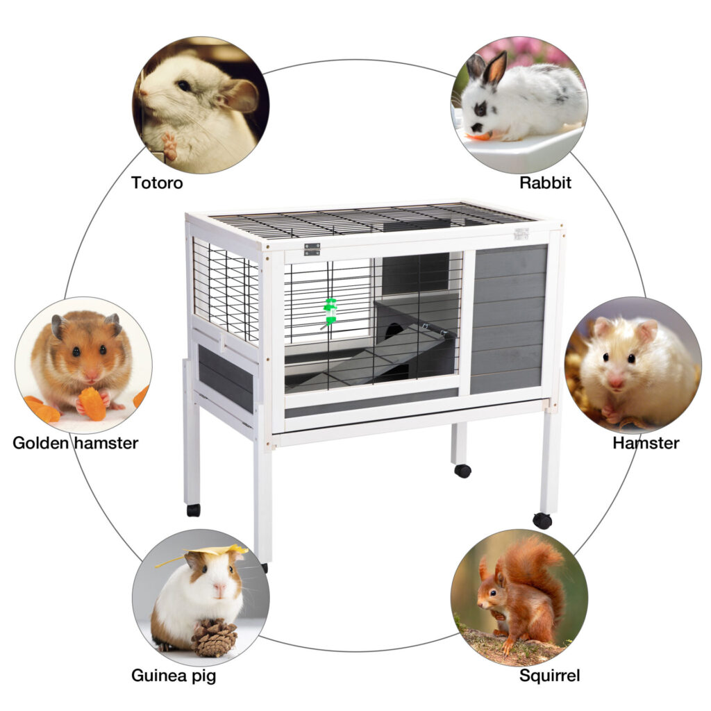 Coziwow 37"L Elevated Wood Rabbit Hutch With 4 Casters, for 1-2 Bunnies, Gray + White CW12G0472 zt1 1