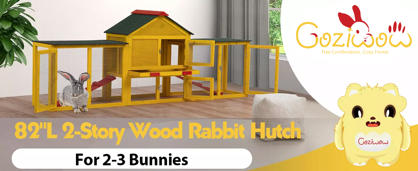 82″L Extra-Large Wooden Rabbit Cage With Double Runs, For 2-3 Bunnies, Yellow CW12G0616 Rabbit Hutch