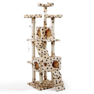 Coziwow 67" High Multi-Level Cat Tree Tower Condo Play House w/ 2 Rooms and Scratching Posts, Cream Color with Paws CW12H0060 2