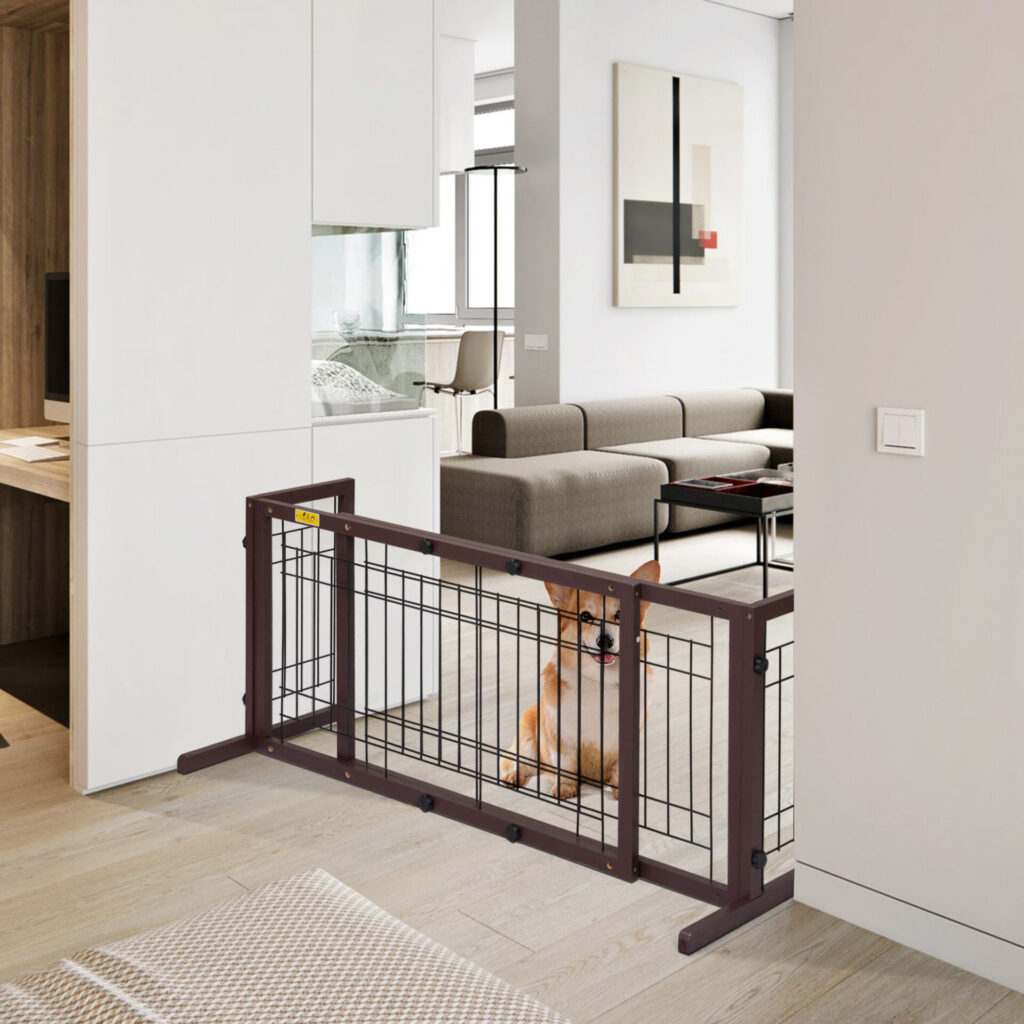 Coziwow Adjustable Freestanding Indoor Dog Gate, Pine Wood Safety Pet Fence, Dark Brown CW12H0239 cj5