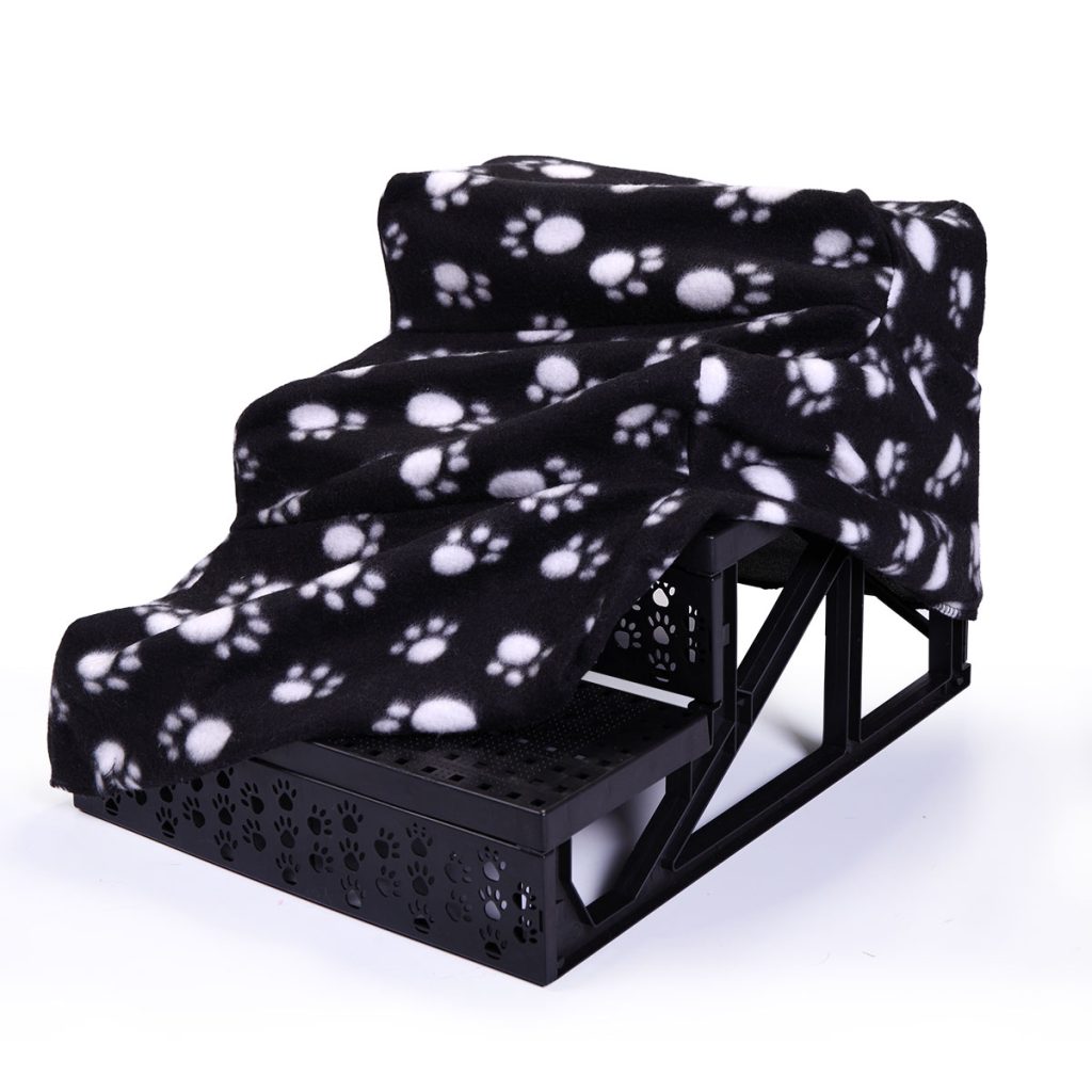 11.7"High 3-Step Dog Stair Ladder w/ Paw Prints Patterns & Suede Fabrics Cover, Black CW12H0275 7