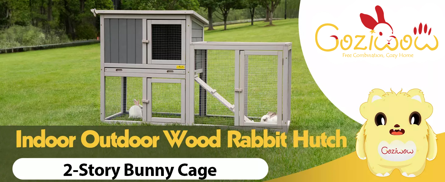 55"L 2-Tier Wood Bunny Hutch with Nesting Box, for 1-2 Bunnies, Gray CW12H0419
