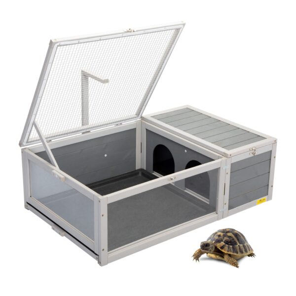 Coziwow Wooden Indoor Tortoise Enclosure| Reptile Cage For Small Animals With 2 Trays, Gray CW12H0491 14