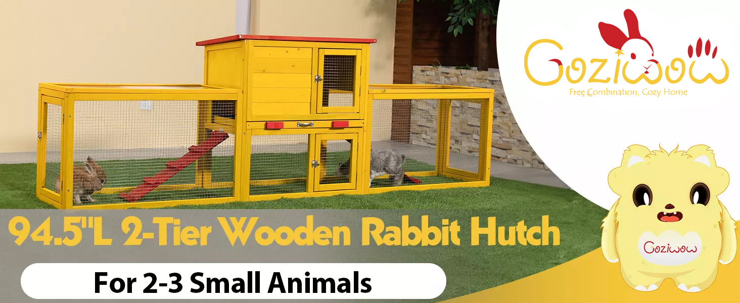 94.5″L 2 Story Spacious Rabbit Hutch, Chicken Coop, Guinea Pig Cage with Removable Tray, For 2-3 Pets, Yellow CW12H0617 Rabbit Hutch