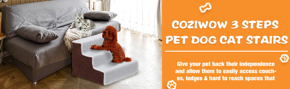 Coziwow 3-Step Pet Dog Stair Helper with Machine-Washable Removable Softcover, Thickened Pet Plastic Frame with X Supporting, Brown&White CW12K0150Asid970X3001
