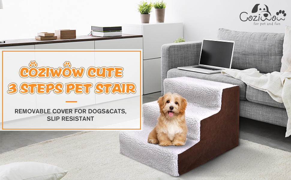 Coziwow 3-Step Pet Dog Stair Helper with Machine-Washable Removable Softcover, Thickened Pet Plastic Frame with X Supporting, Brown&White CW12K0150Asid970X6001