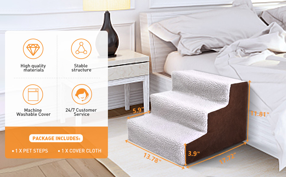 Coziwow 3-Step Pet Dog Stair Helper with Machine-Washable Removable Softcover, Thickened Pet Plastic Frame with X Supporting, Brown&White CW12K0150Asid970X6002