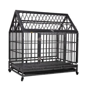 Coziwow 42" Heavy Duty Metal Dog Crate with a Gable Roof, High-End Stylish Dog Crate, 4 360-Degree Rotating Casters, For Small to Large Dog