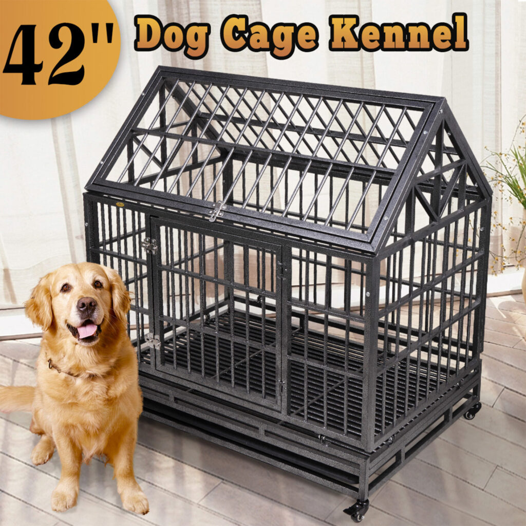 Coziwow 42.5"L Heavy Duty Dog Crate, Dog Kennel Cage With Lockable Wheels, Pointed Roof CW12K0312 zt13 1